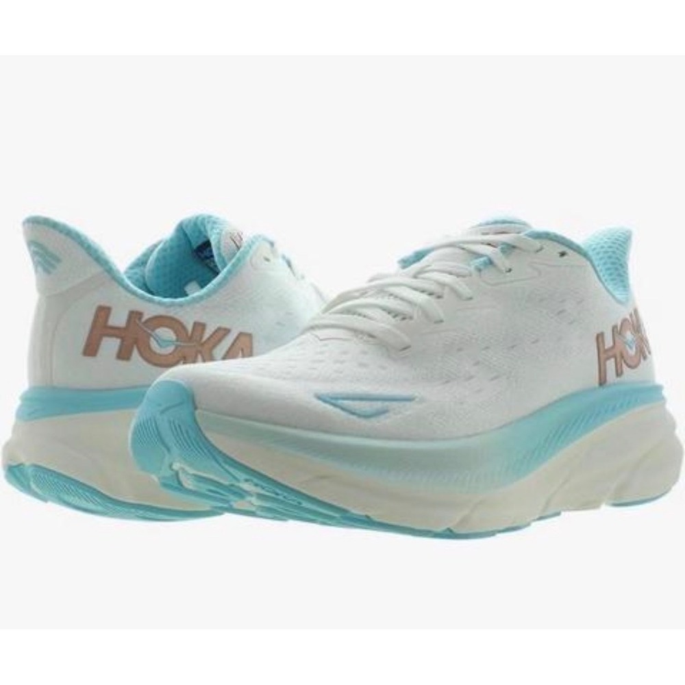 Hoka Clifton 9 White Ice Blue Rose Gold Running Shoes Womens 10B
